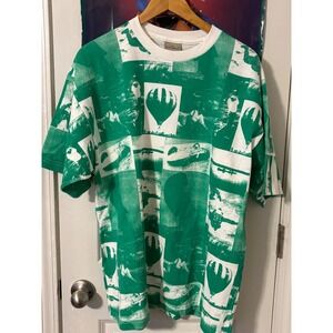 Vintage Ruff Hewn All Over Print T-Shirt Mens Large Green White Hot Air Balloon